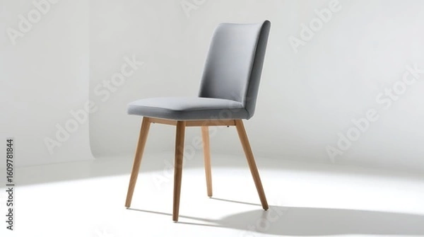 Fototapeta A compact armless desk chair with a smooth gray fabric upholstery and slender wooden legs in a natural finish, shown in full profile against a pristine bright white background.