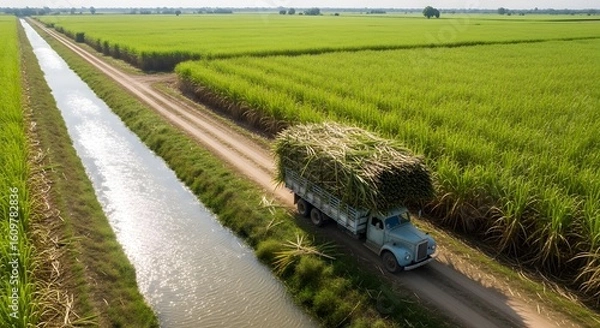Fototapeta Aerial view of a truck laden with sugarcane traveling along a dirt road bordered by irrigation channels and vibrant green sugarcane fields under a bright sky.