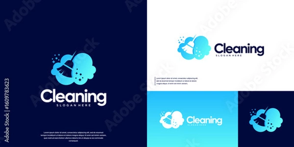 Fototapeta Cloud logo symbolizing cleanliness, combining a broom and soap bubbles, vector design template.