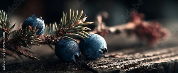 Fototapeta Closeup of Juniper Berries on Branch with Nature Background, and Macro Photography.