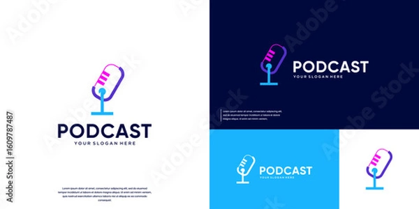 Fototapeta Simple microphone podcast logo, abstract tech style, vector design template.