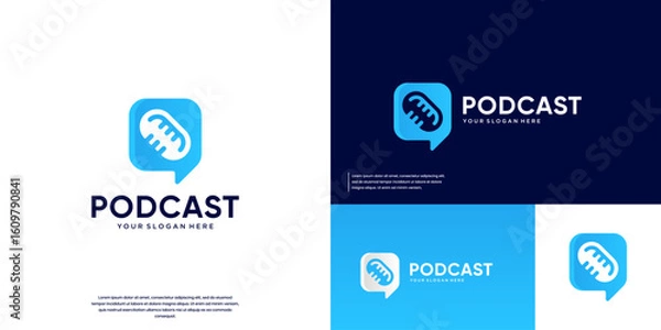 Fototapeta Chat logo with a combination of a microphone, chat symbol, discussion, broadcasting, and vector graphic design.