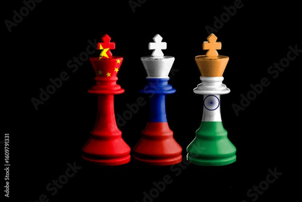 Obraz russia india and china flags paint over on chess king. RIC 3D illustration.