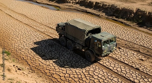 Fototapeta Generic vehicle driving on cracked earth with visible tire tracks under sunlight creating shadow. Army vehicle against barren ground.