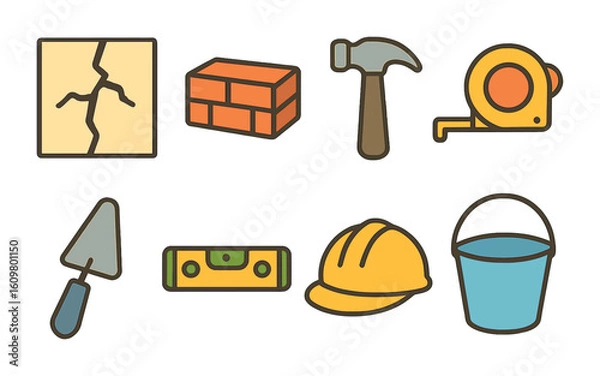 Fototapeta Construction Tools & Cracks. Flat vector mini-illustrations structural crack signs in colors children's