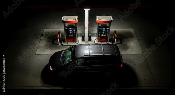 Fototapeta Nighttime view of gas station pumps with a parked vehicle illuminated by overhead lighting creating strong shadows and a sense of solitude.