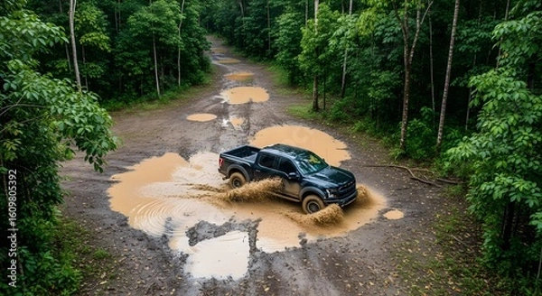 Fototapeta Aerial view of a dark colored vehicle driving through muddy puddles on a dirt road surrounded by dense green forest trees splashing water