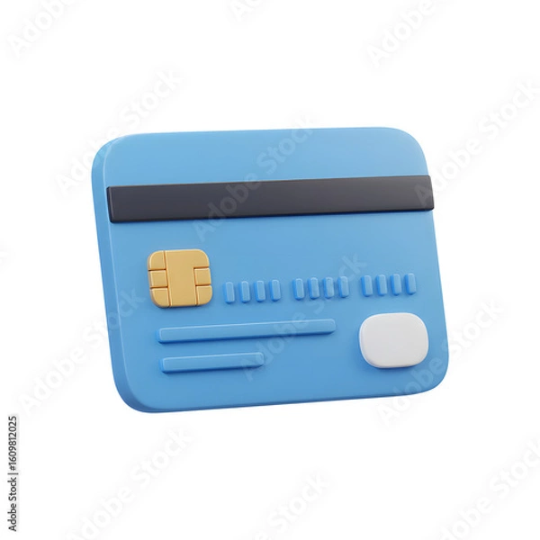 Fototapeta 3D Rendering of Blue Credit Card Icon with Metallic Gold Chip on white transparent background