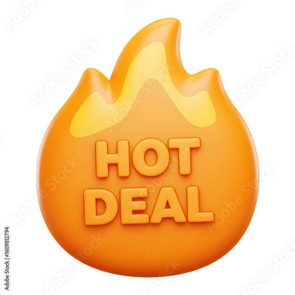 Fototapeta 3D flame-shaped badge with HOT DEAL text, bright orange and yellow gradients, Transparent PNG