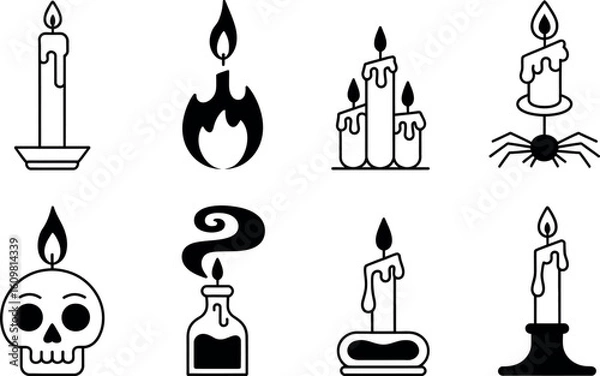Obraz Spooky Halloween vector candle icons:  black, white, line art style.