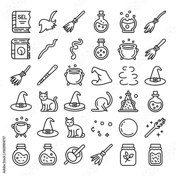 Fototapeta Witchcraft magic potion spell book broomstick hat cat cauldron symbols vector