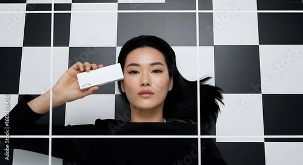 Fototapeta Asian Woman Lying on a Black and White Checkered Floor Holding White Rectangular Object