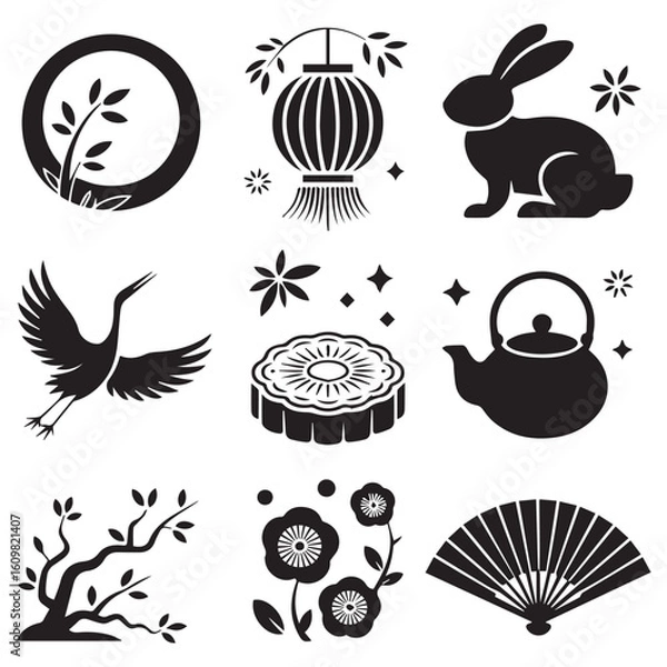 Fototapeta Collection of traditional chinese cultural symbols including a crane lantern rabbit tea pot fan and cherry blossoms