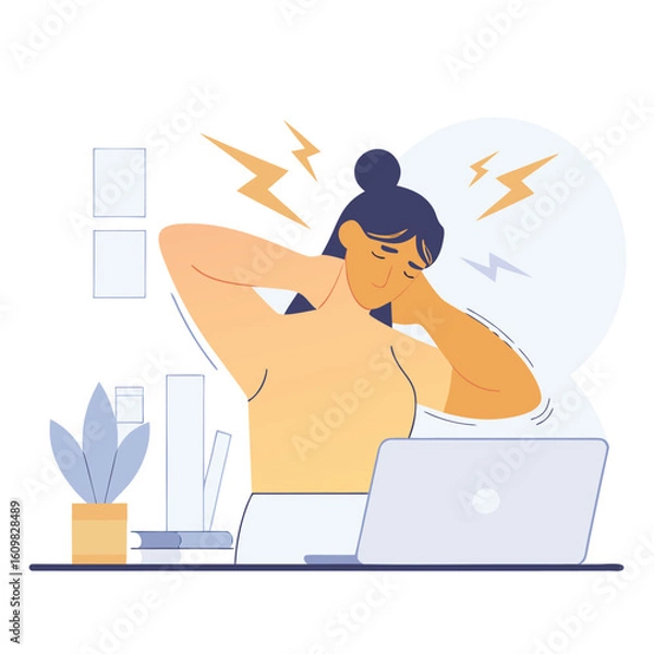Fototapeta Woman experiencing neck pain and discomfort while working at a laptop illustrating the effects of poor posture and prolonged screen time