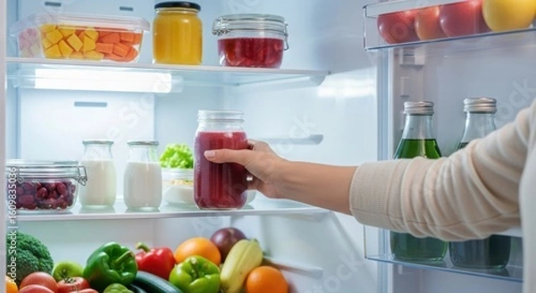 Obraz Hand reaching into a well stocked refrigerator for a bottle of juice