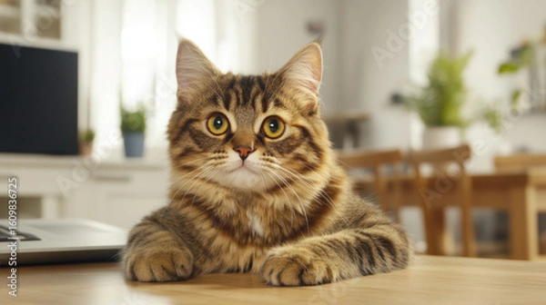 Fototapeta Fluffy tabby cat with bright eyes sits on wooden desk in cozy home office, with laptop nearby and blurred background of bright, airy room