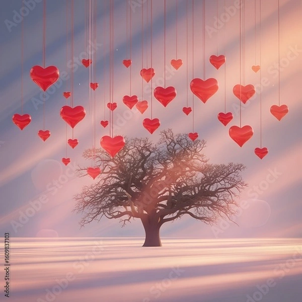 Fototapeta Magical Tree with Hanging Red Hearts in Dreamy Sunset Light