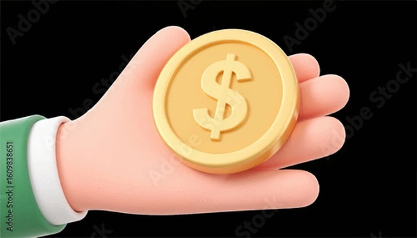 Fototapeta 3D illustration of a palm holding a gold dollar coin on a black background. Vector graphics. EPS.