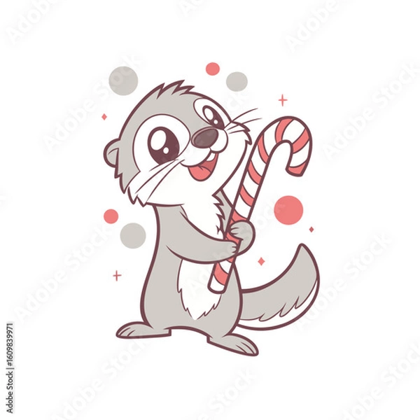 Fototapeta An adorable cartoon otter joyfully holds a striped candy cane with festive background elements.