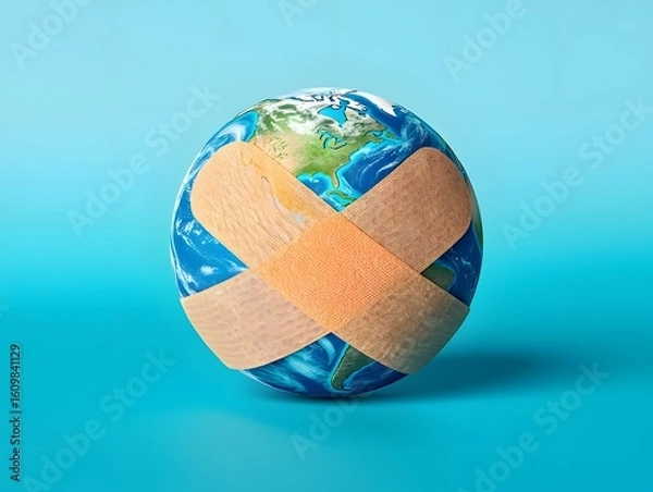 Obraz Earth globe with bandage, save the planet, environmental protection, global warming help