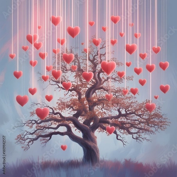 Fototapeta Magical Tree with Hanging Red Hearts in Dreamy Sunset Light