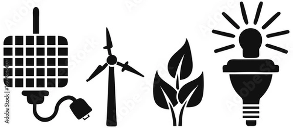Obraz Illustration of renewable energy sources including solar panel wind turbine leaf and light bulb concept ecology on transparent background silhouette