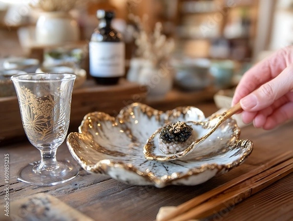 Fototapeta Elegant porcelain plate with gold trim displaying caviar artisan workshop food photography rustic setting close-up culinary art
