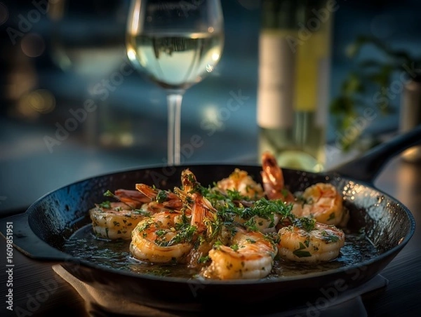 Fototapeta Delicious gambas al ajillo served at a vibrant spanish tapas bar culinary delight evening setting warm atmosphere