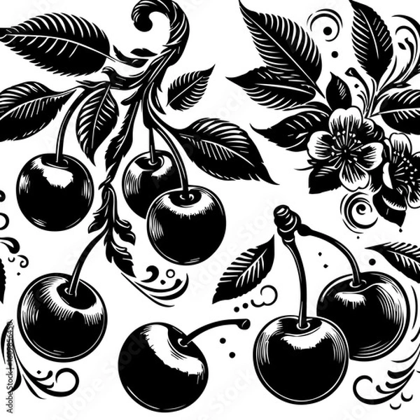 Obraz Black and White Cherry Blossom Branch Design.
