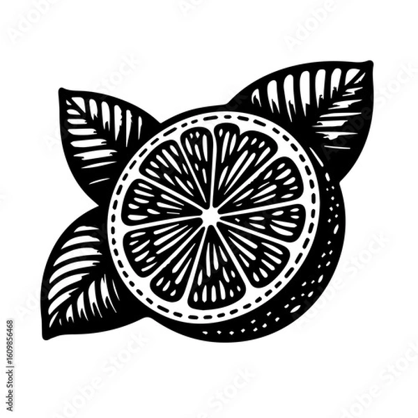 Obraz Black and White Citrus Slice with Leaves.