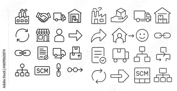 Fototapeta Set of icons for a business app. The icons include a handshake, a truck, a building, a smiley face, and a person. The icons convey the idea of a business transaction, transportation