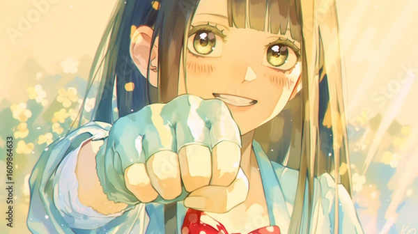 Obraz 応援してくれる女の子。水彩画。イラスト。