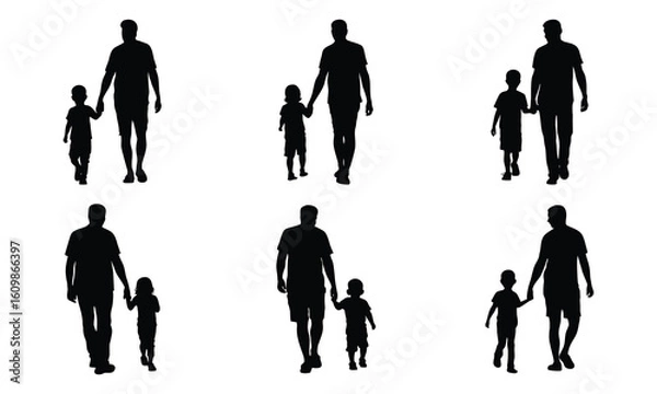 Fototapeta Silhouettes of a father and son walking hand in hand isolated on white background depict family