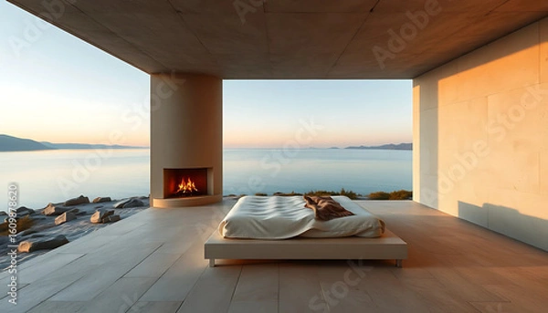 Fototapeta A pale stone platform with no walls, just a fireplace and a bed facing the infinite lake horizon.
