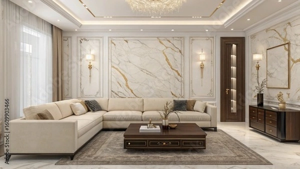 Fototapeta An elegant and modern living room features a plush off-white sofa and matching chaise lounge, centered around a dark coffee table, all set against a stunning white and gold marble accent wall with sop