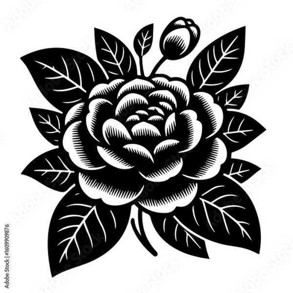 Obraz Black and White Stylized Rose with Leaves.