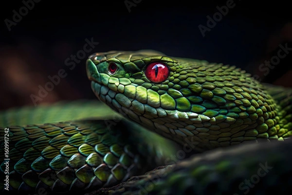 Fototapeta Close-Up of Green Snake with Vivid Red Eyes
