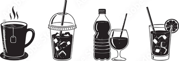 Obraz Collection of stylized black and white illustrations of various alcoholic and non alcoholic beverages in glasses and bottles