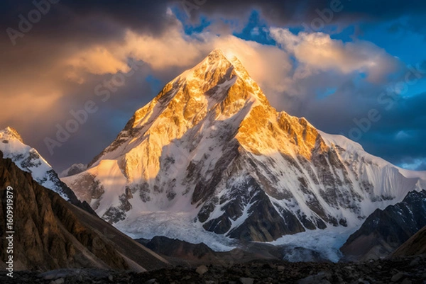 Obraz Sunlit K2 Mountain Peak with Snow and Dramatic Clouds
