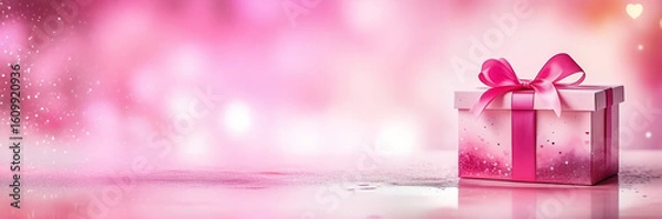 Fototapeta Pink gift box with bow on blured bokeh background. Banner