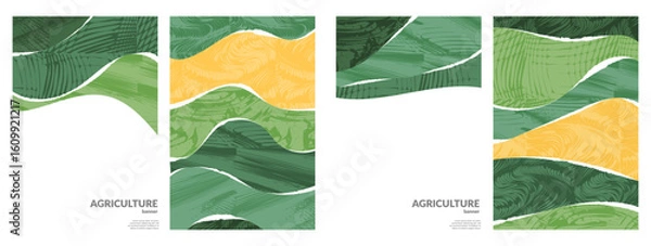 Fototapeta Vineyard collage vector layout with flat eco background, rural abstract pattern, grape tea design, nature field, farmland art, green scenery, patchwork terrace, flyer wallpaper, countryside story