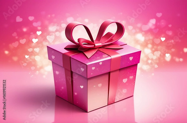 Fototapeta Pink gift box with bow on blured bokeh background. Banner