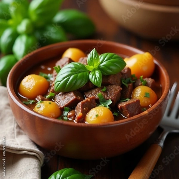 Obraz Hearty Beef Stew with Potatoes and Fresh Herbs in Rustic Wooden Bowl