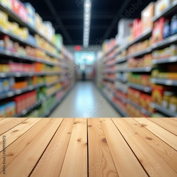 Obraz Empty Wooden Tabletop Display Space with Defocused Grocery Store Interior