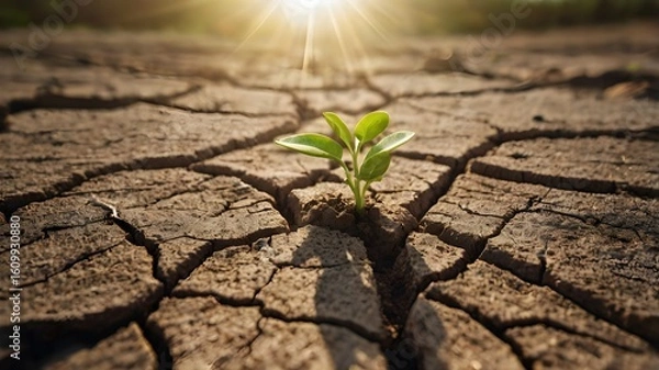 Fototapeta Green Sprout Growing in Cracked Dry Soil – Symbol of Hope and Resilience