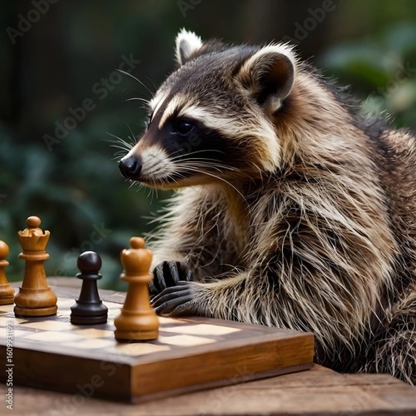 Obraz Cute Raccoon Playing Chess Outdoors