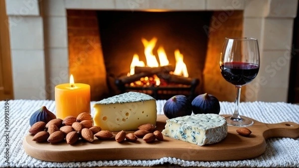 Fototapeta Warm candlelight glow on a cozy fireplace scene, featuring a cheese board of blue cheese, fig jam, roasted almonds, and homemade wine in a crystal decanter with knitted blanket texture.