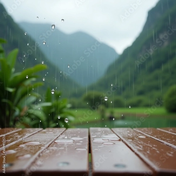 Obraz Overhead Shot of Rain Splashing on Wood Table Against Soft Focus Nature Landscape