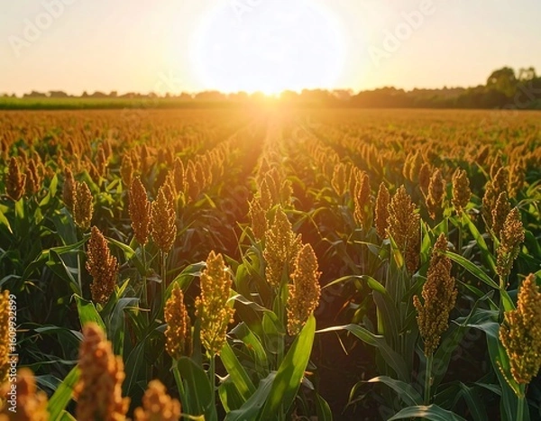 Fototapeta Golden sorghum field at sunset (2)