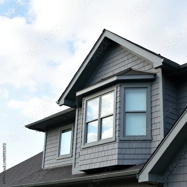Obraz Modern Gray House Exterior with Peaked Roof Gables and Textured Shingle Siding